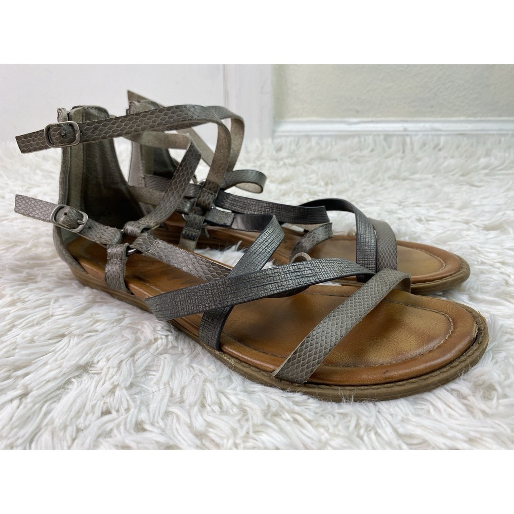 Blowfish Women's 8.5 Gray Back Zip Strappy Leather Snakeskin Gladiator Sandals